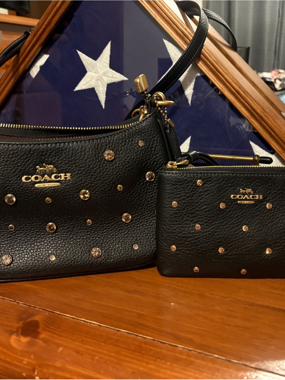 Coach Black Pebble Leather Studded Shoulder Bag Set with Gold Accents
